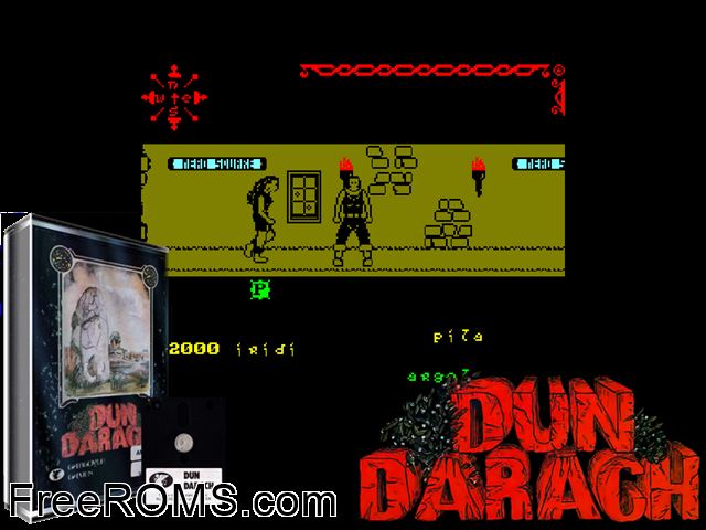 Dun Darach (UK) (1985) [a1] Amstrad CPC game showing 3D box cover and gameplay screenshot